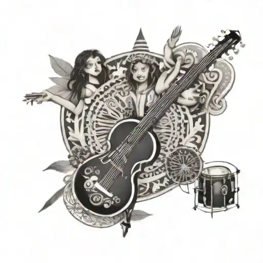 A mandala design with musical instruments and children's silhouettes, symbolizing the balance between creativity, innocence, and spirituality tattoo design idea