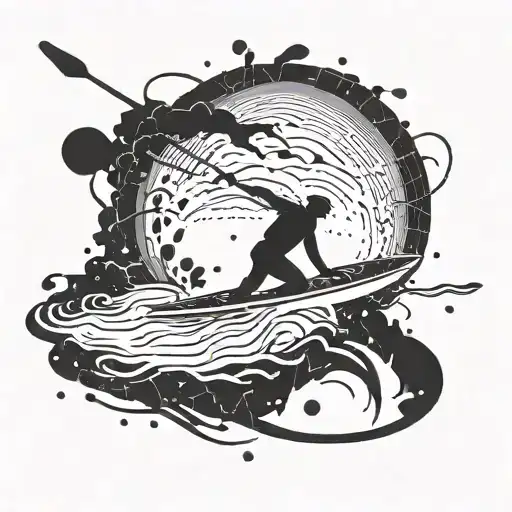 A paddleboarder gracefully navigating through a sea of artistic paint splatters tattoo design idea