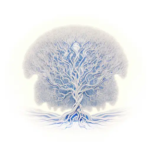 A stylized tree made up of interconnected computer chips and circuitry, with water flowing through its roots tattoo design idea