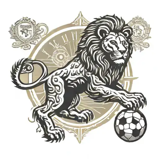 Illustrate a lion playing soccer with the Galatasaray emblem on its jersey tattoo design idea
