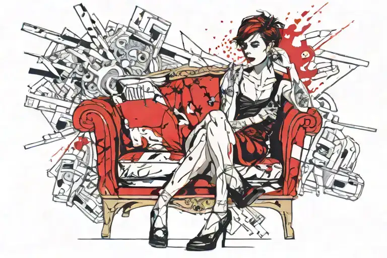 woman with short hair sittng in a chair smoking a cigarette in the 90s tattoo design idea