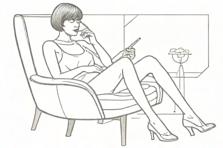 woman with short hair sittng in a chair smoking a cigarette in the 90s tattoo design idea