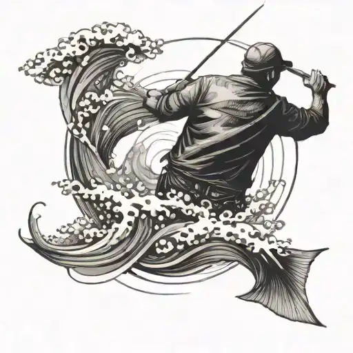 A fisherman casting a line into a swirling ocean vortex tattoo design idea