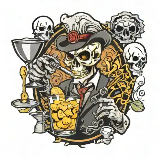 skull bartender mixing cocktails martini glass knife tattoo design idea