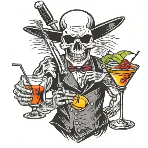 skull bartender mixing cocktails martini glass knife tattoo design idea