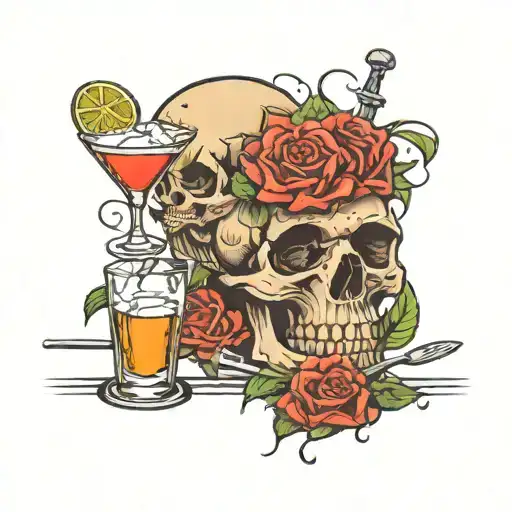 skull rose bartender mixing cocktails martini glass knife tattoo design idea