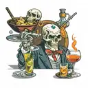 skull bartender mixing cocktails martini glass knife tattoo design idea