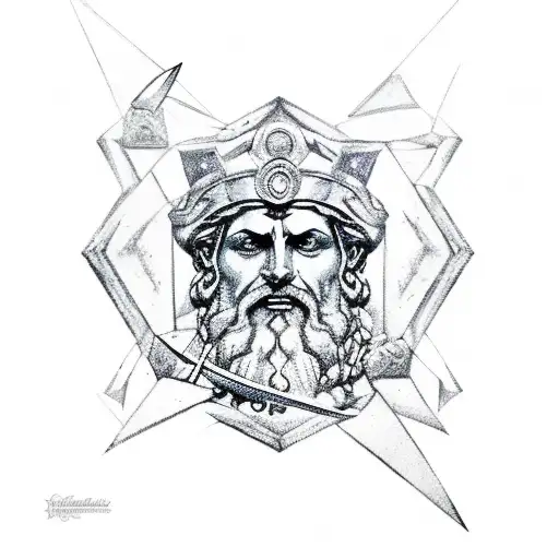 Zeus stood with a sword, surrounded by ice shards with a starry night background  tattoo design idea