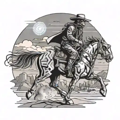 Cybernetic cowboy riding a robotic horse through a neon-lit desert landscape tattoo design idea