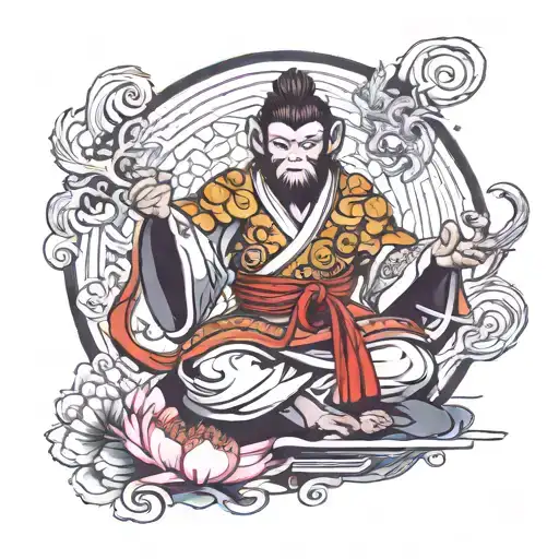 monkey king wukong levitating in a lotus meditation pose wearing a fighting kimono  tattoo design idea