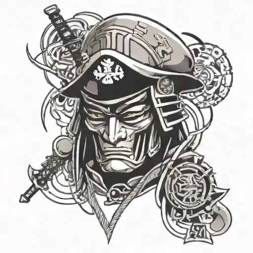A fusion of Japanese samurai armor and hip-hop fashion, with money symbols and anime characters in the background tattoo design idea