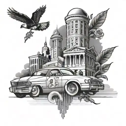 A tattoo design featuring a mix of hiphop aesthetics, Atlanta landmarks, and finance symbols tattoo design idea