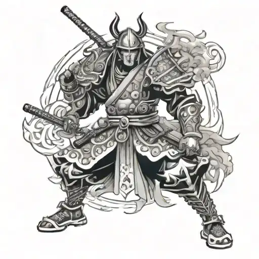 A fusion of Japanese samurai armor and hip-hop fashion, with money symbols and anime characters. Make it full body  tattoo design idea