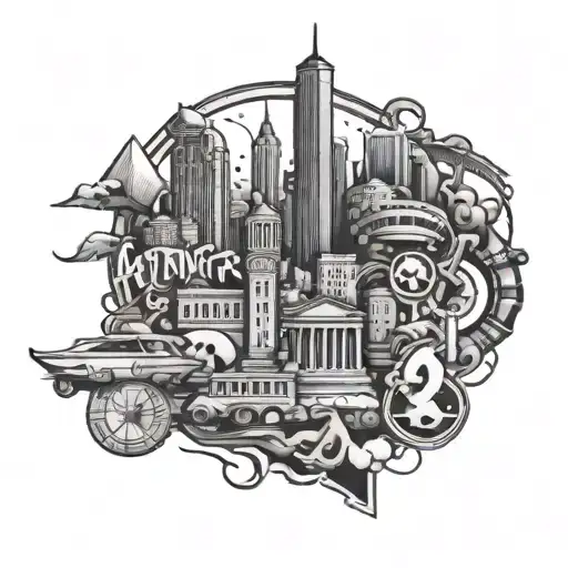 A tattoo design featuring a mix of hiphop aesthetics, Atlanta landmarks, and finance symbols tattoo design idea