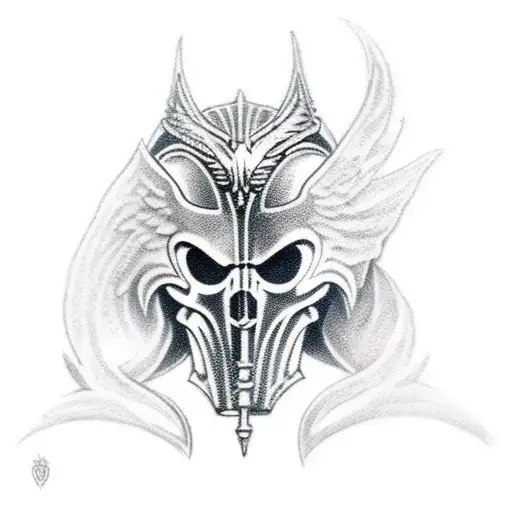 Grim reaper wearing a valkyrie mask. Dark misty forest background tattoo design idea