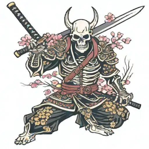 skeleton samurai with sakura pettals arouns tattoo design idea