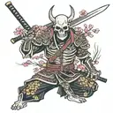 skeleton samurai with sakura pettals arouns tattoo design idea