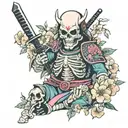 skeleton samurai with sakura pettals arouns tattoo design idea
