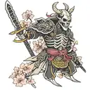 skeleton samurai with sakura pettals arouns tattoo design idea