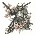 skeleton samurai with sakura pettals arouns tattoo design idea