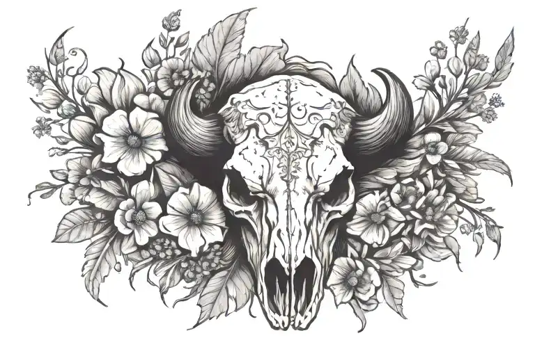 bison skull with wild flowers around it tattoo design idea