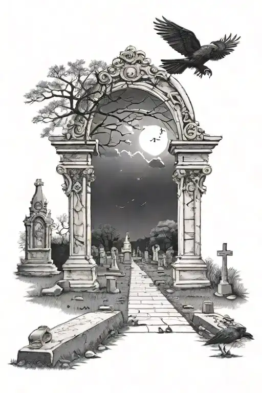 Cemetary scene with a windimg road the has a night sky backgrowm with some crows flying and on some tombstones tattoo design idea