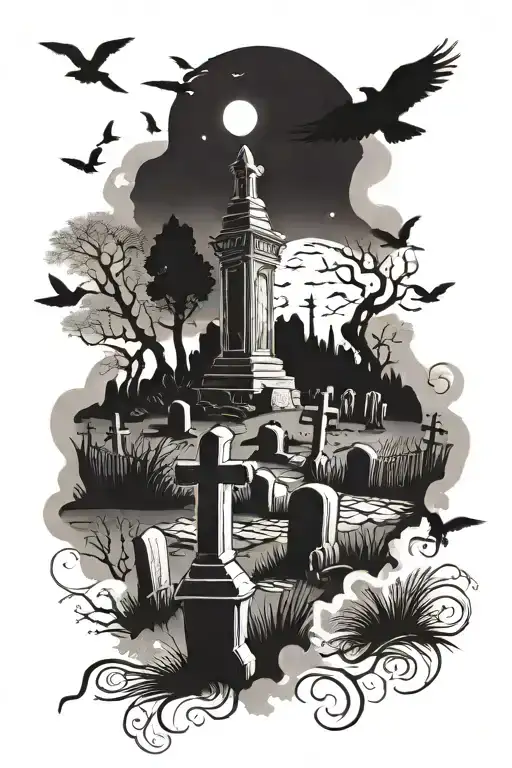 Cemetary scene with a windimg road the has a night sky backgrowm with some crows flying and on some tombstones tattoo design idea
