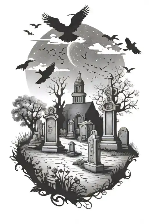 Cemetary scene with a windimg road the has a night sky backgrowm with some crows flying and on some tombstones tattoo design idea