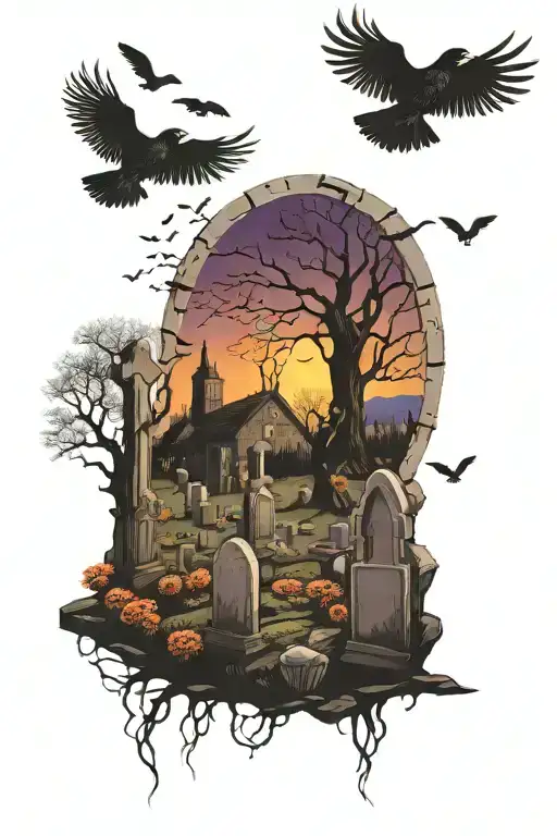 Cemetary scene with a windimg road the has a night sky backgrowm with some crows flying and on some tombstones tattoo design idea