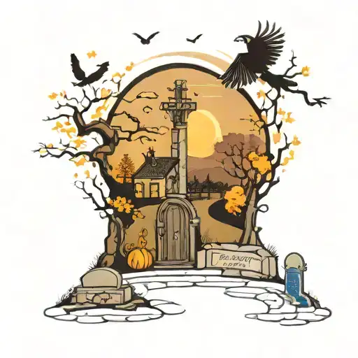 Cemetary scene with a winding road the has a night sky backgrowm with some crows flying and on some tombstones tattoo design idea
