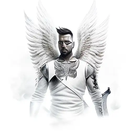 An angel with large white wings behind him stands at full height on the battlefield, holding his sword with his head hel tattoo design idea