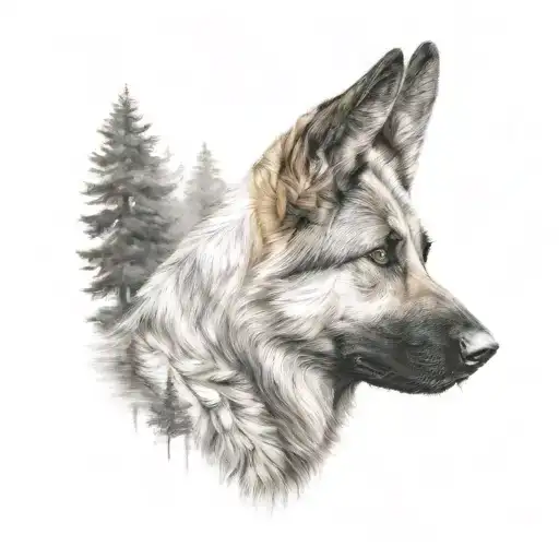 A realistic portrait of your short hair German Shepherd dog with a forest background tattoo design idea