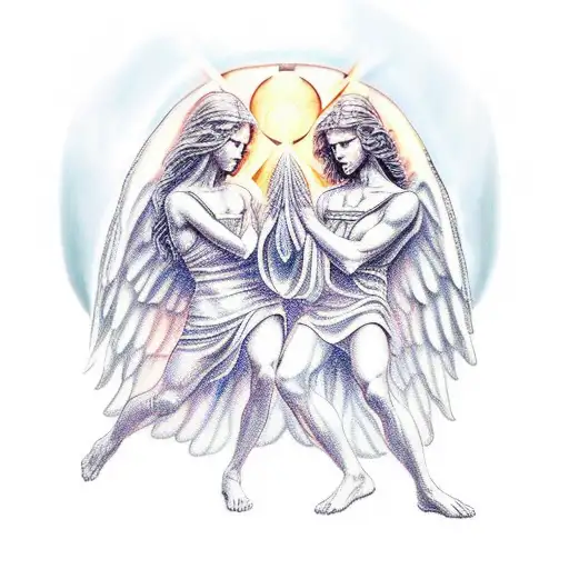 angel and demon kneeling in respect and holding a precious stone tattoo design idea