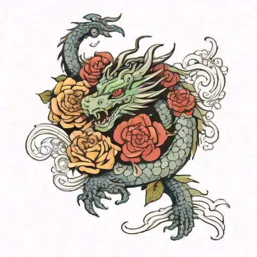 Japanese style dragon with roses and tattoo design idea