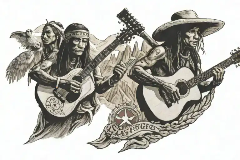 tarahumara tribe symbols with guitar and Yosemite  tattoo design idea