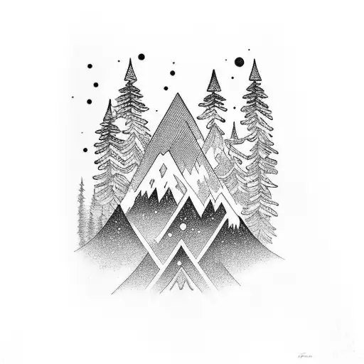 arm band with mountains and snowboarder and forest and galaxy tattoo design idea