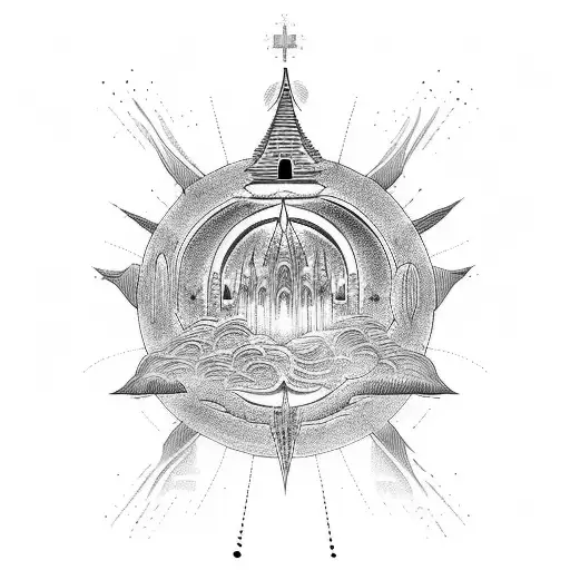 A celestial scene with a heavenly kingdom and the Lord's Prayer inscribed in delicate script tattoo design idea