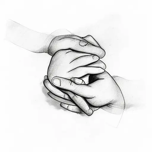 A minimalist sketch of praying hands with the words 'Our Father' written below in elegant script tattoo design idea