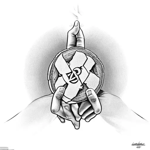 A powerful image of God's hand reaching down from the heavens, holding a loaf of bread with the Lord's Prayer encircling it tattoo design idea