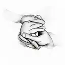 A minimalist sketch of praying hands with the words 'Our Father' written below in elegant script tattoo design idea