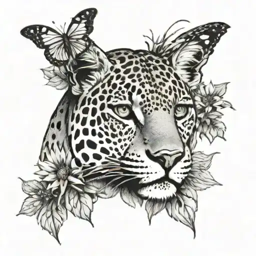 A jaguar silhouette surrounded by a field of sunflowers and monarch butterflies tattoo design idea