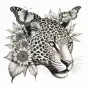 A jaguar silhouette surrounded by a field of sunflowers and monarch butterflies tattoo design idea