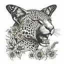 A jaguar silhouette surrounded by a field of sunflowers and monarch butterflies tattoo design idea