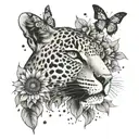 A jaguar silhouette surrounded by a field of sunflowers and monarch butterflies tattoo design idea
