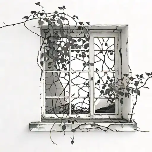 black and white window with cracks and very small amount of sunlight coming in surrounded by vines tattoo design idea