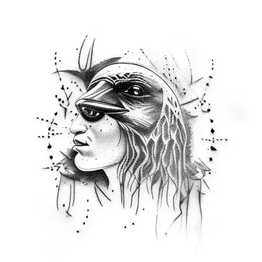 side of face of main character from the movie 'the crow' turning into the real crow animal tattoo design idea