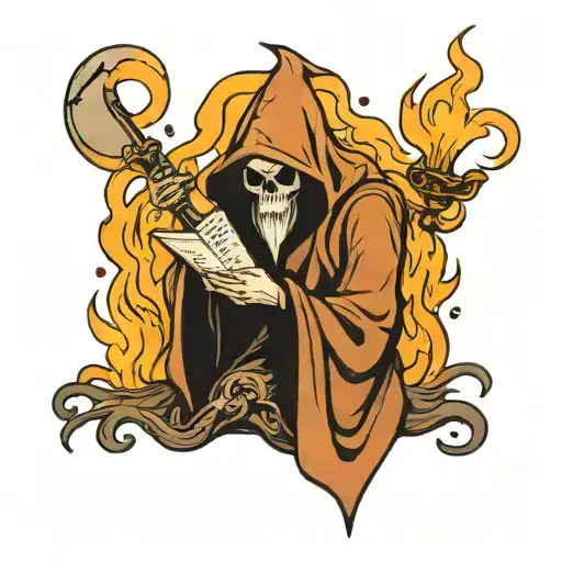 Create a grimreaper reading a letter on fire. Simple. With colors. tattoo design idea