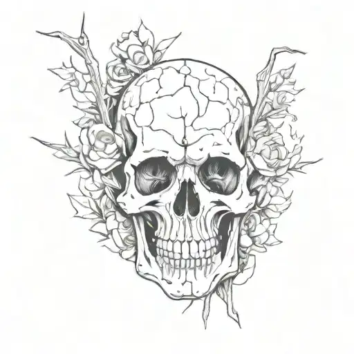 a skeleton with a cracked skull and hearts and fire from the head tattoo design idea