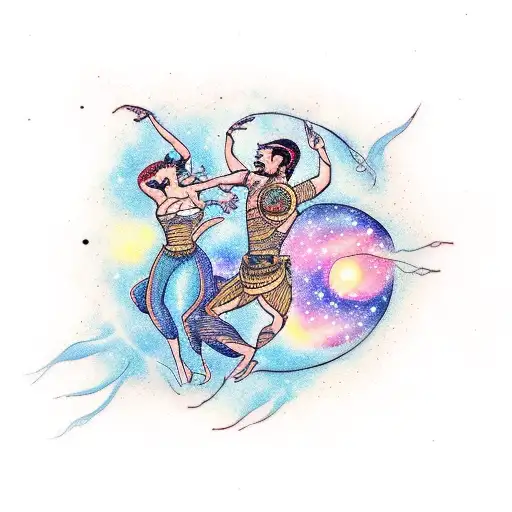 two scorpians dancing with a galaxy in the background and a supernova tattoo design idea