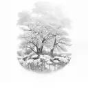 Turbulent riverbend with large Oak tree in the background and a patch of daisies and chrysanthemums in the foreground. tattoo design idea